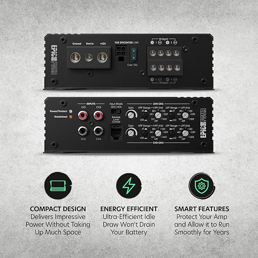 EPICBIGFOUR 4-Channel Amplifier Car Audio 1400W RMS, Compact Digital Class D, Includes ACR-E Bass Knob, High/Low Pass Crossover, Line Level Inputs, Epicenter Link, Smart Auto Protection