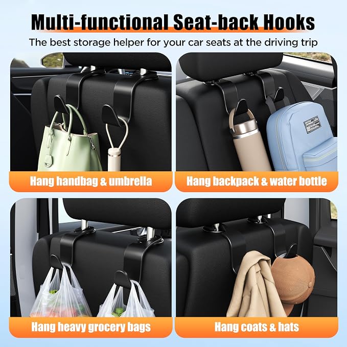 Car Seat Headrest Hook 4 Pack Hanger Storage Organizer Universal for Handbag Purse Coat Universal fit Vehicle Car Black with Buckle