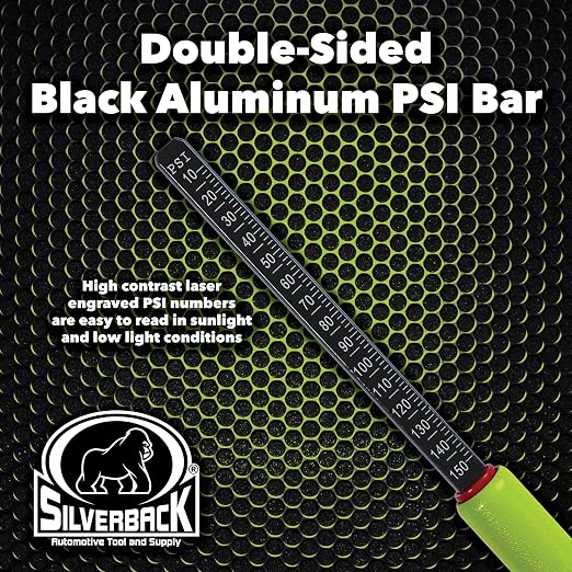 Silverback Hi-Visibility Green Dual Foot Commercial Truck Tire Pressure Gauge, Recalibratable. Heavy Duty Stick Gauge with Black Metal Bar, Range 10-150 PSI in 2 PSI Increments.
