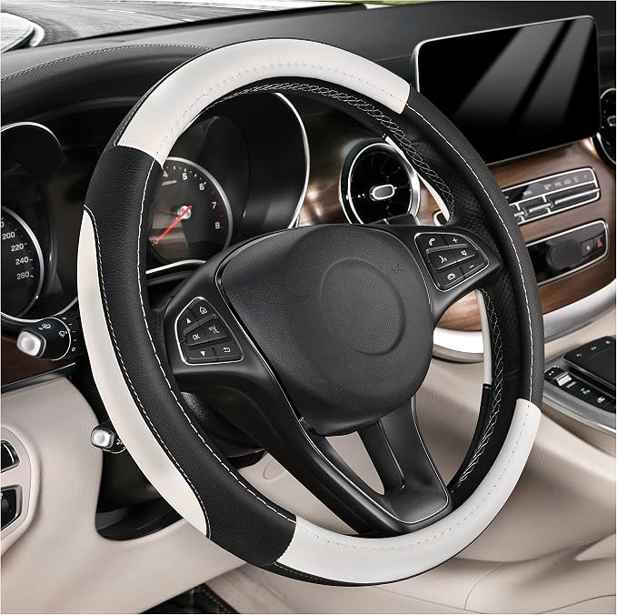 Car Steering Wheel Cover Universal Standard Size 14.5-15 inch, Black and White Microfiber Leather