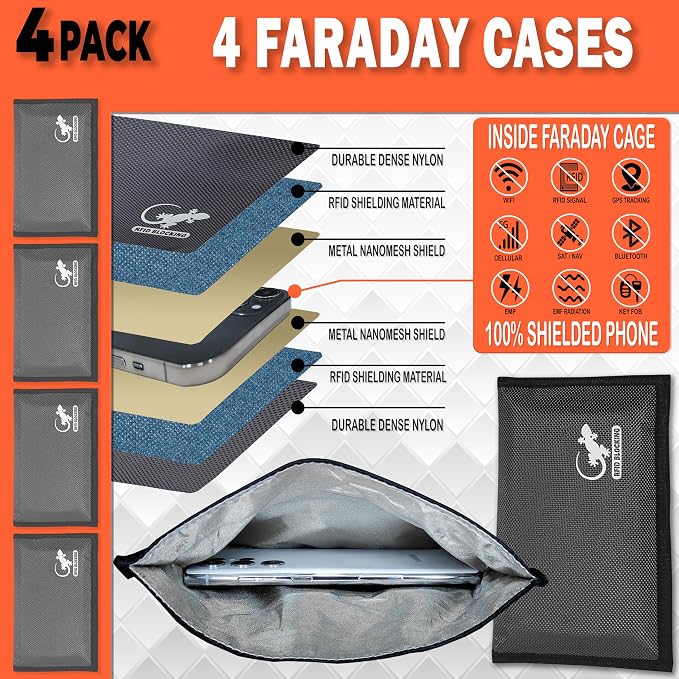 4 Faraday Bag Anti-Tracking GPS RFID Car Key Signal Blocker Wallet Shielding Pouch Protective Case for Cell Phone Car Key FOB, Data Privacy, Electronic Device Security (4 PACK - GRAY)
