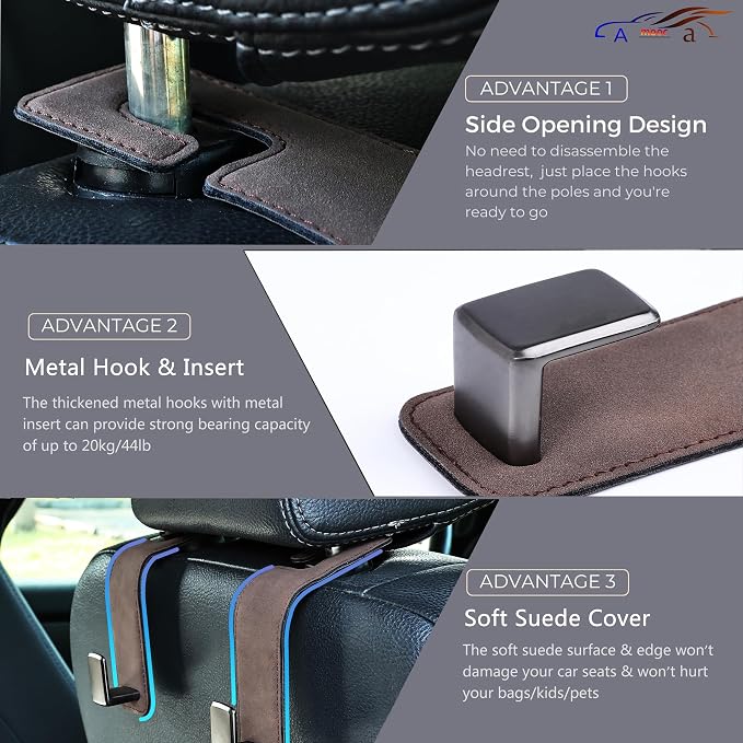 Car Seat Back Hook Universal Auto Storage Hanger Suede with Metal Car Seat Organizer for Handbag Purse Coat Umbrellas Grocery Bags 2 Pack Brown