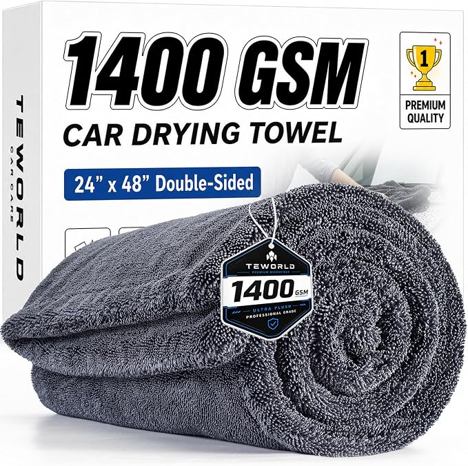 Car Drying Towel, Extra Large 48 x 24 Inch, 1400 GSM, Dual-Grey | Twisted Loop Microfiber Towel for Cars - Absorbent Car Dry Towel and Car Wash Towel for Streak-Free, Paint-Safe Car Detailing