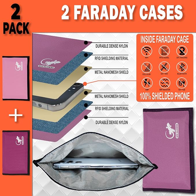 Faraday Bag for Phones & Key Fobs – RFID Shielding Privacy Pouch for Electronic Device Storage, Faraday Sleeve for Personal Data Protection (2 PACK - PINKS)