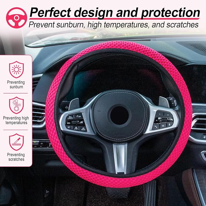 Elastic Stretch Steering Wheel Cover, Universal Interior Accessories Steering Wheel Cover for Women & Men, Breathable Microfiber Ice Silk, Anti-Slip, Odorless, Easy Carry(Rose Red)