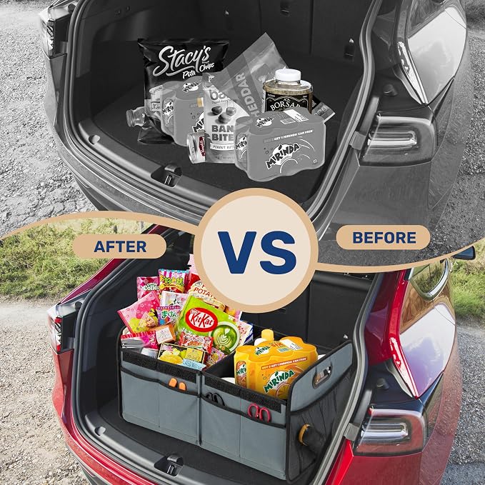Car Trunk Organizer with Lid, Collapsible 2 Compartment Automotive Storage Box, 600D Waterproof Oxford Polyester 50L Travel Accessories, Anti-slip & Leak-proof, Grey-Green