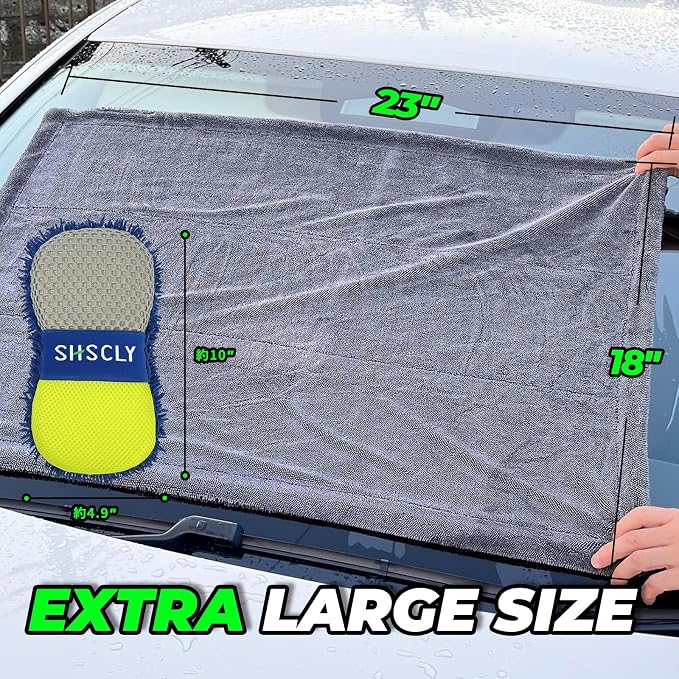 2-Pack Double-Sided Microfiber Car Drying Towel Gray 18 x 23 in | Dual-Sided Design, Includes Figure-8 Car Wash Sponge, Paint Safe, Lint-Free, Machine Washable