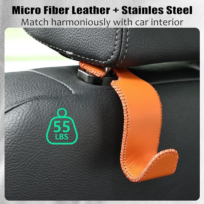 Car Seat Headrest Hook Universal Vehicle Storage Hanger Leather with Metal Car Seat Back Organizer for Handbag Purse Coat Orange 2 Pack