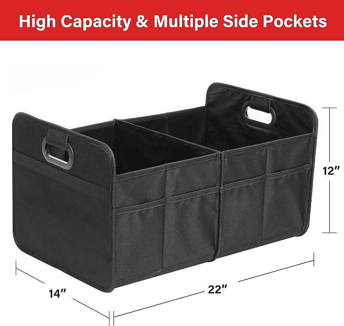 Car Trunk Organizer, 2 Compartments Anti-slip 14" D x 22" W x 12" H Collapsible Trunk Storage, 600D Oxford Polyester Car Storage, Suitable for SUV, Minivan, Truck, Black