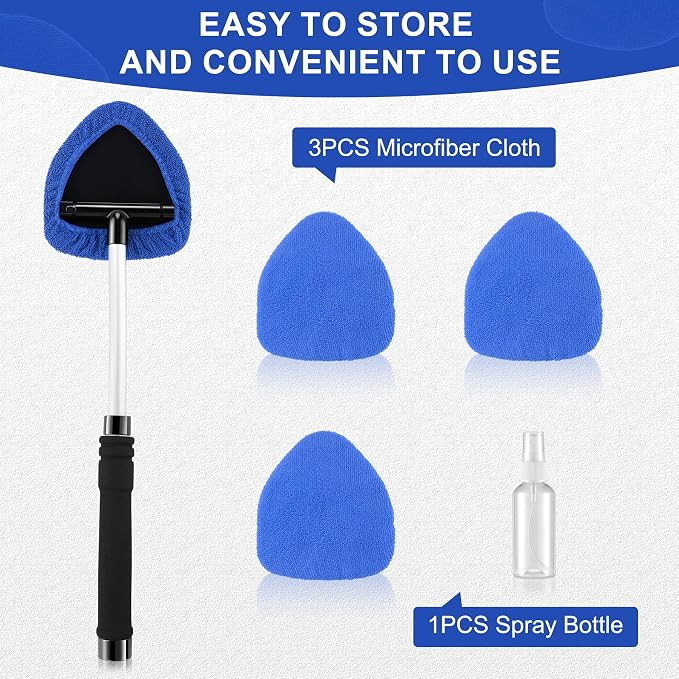 Windshield Cleaner Tool, Car Interior&Exterior Window Cleaning Tool with Extendable Handle & 4 Reusable Microfiber Pads, Auto Glass Wiper Brush Kit for Cars (Blue)