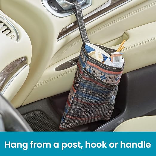 Hanging Car Trash Bag with Waterproof Leakproof Liner, Storage Pocket and Adjustable Strap to Hang in the Front or Back Seat - Southwest