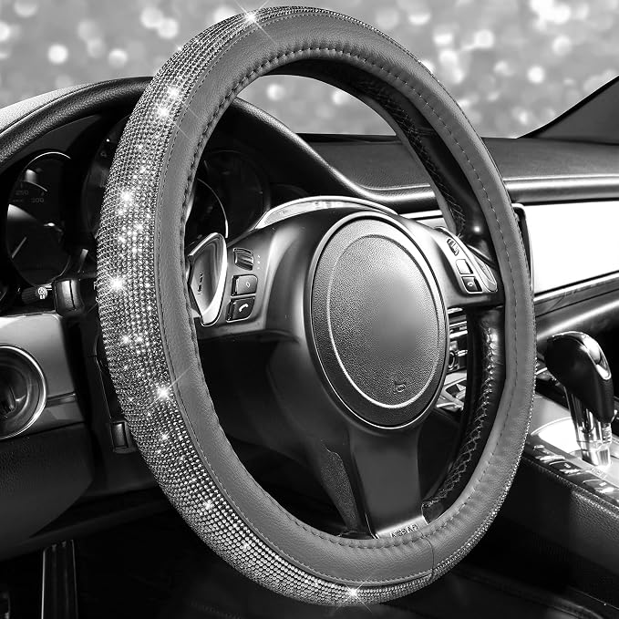 Bling Diamond Leather Steering Wheel Cover, with Bling Sparkly Crystal Glitter Rhinestones Universal Fit 14" 1/2-15" Car Wheel Protector for Women Girl Fit Suvs,Vans,Sedans,Cars,Trucks, Gray