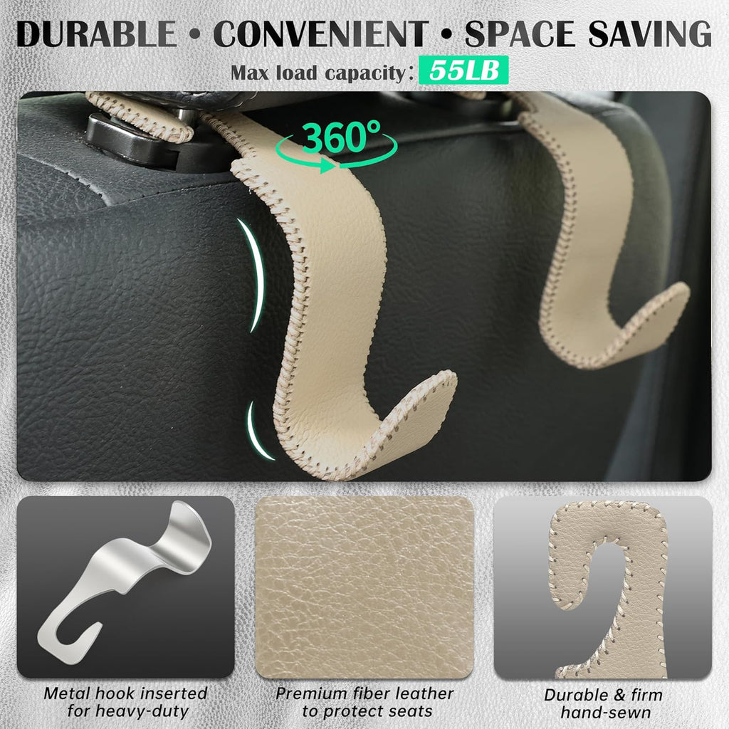 Car Headrest Hooks (4-Pack) — Leather Seat-Back Organizer Hangers
