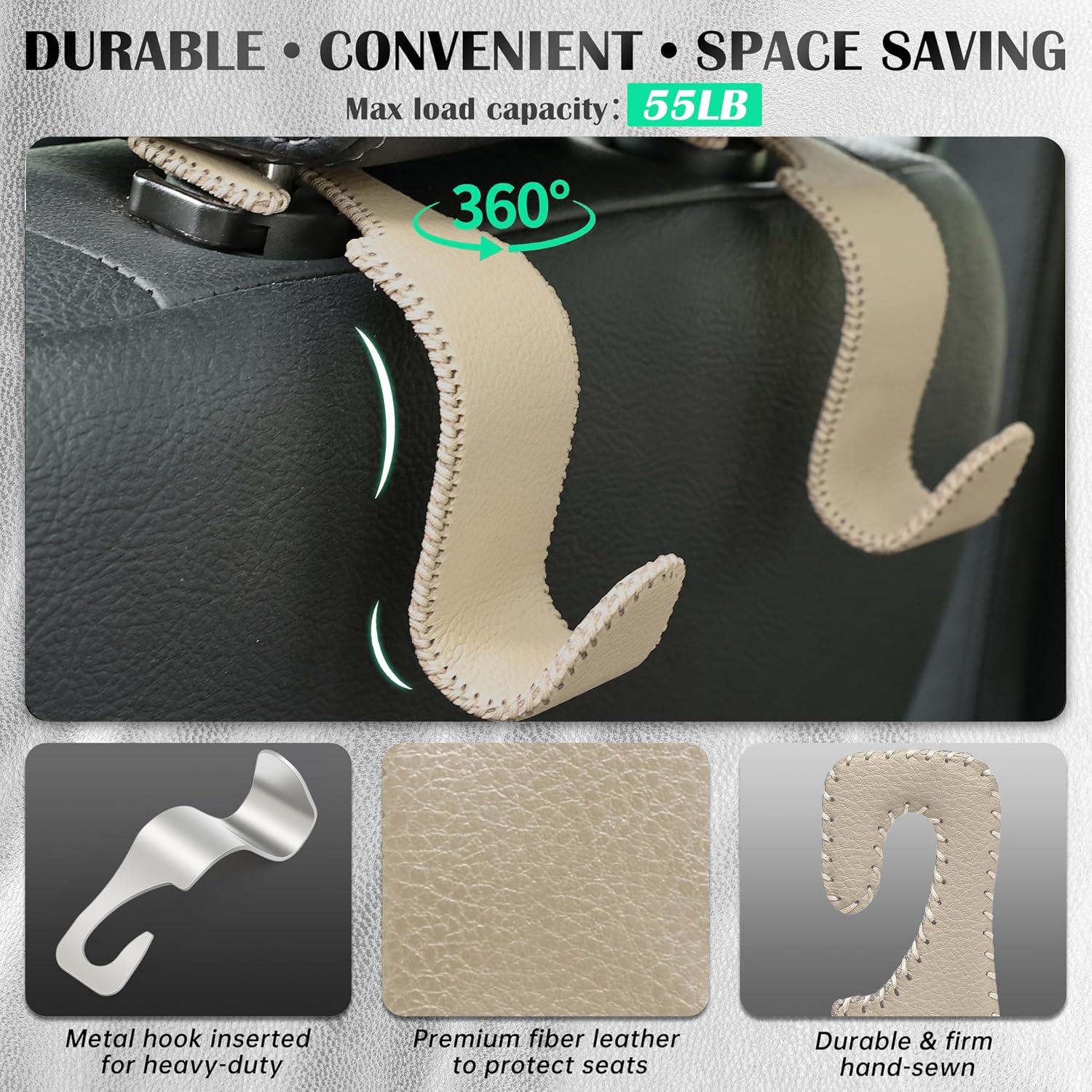 Car Headrest Hooks (4-Pack) — Leather Seat-Back Organizer Hangers