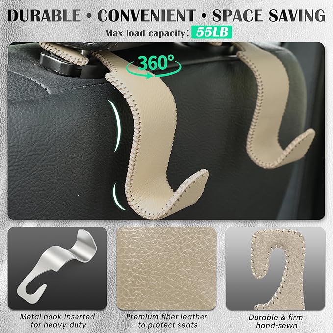Car Seat Headrest Hook Universal Vehicle Storage Hanger Leather with Metal Car Seat Back Organizer for Handbag Purse Coat Beige 4 Pack