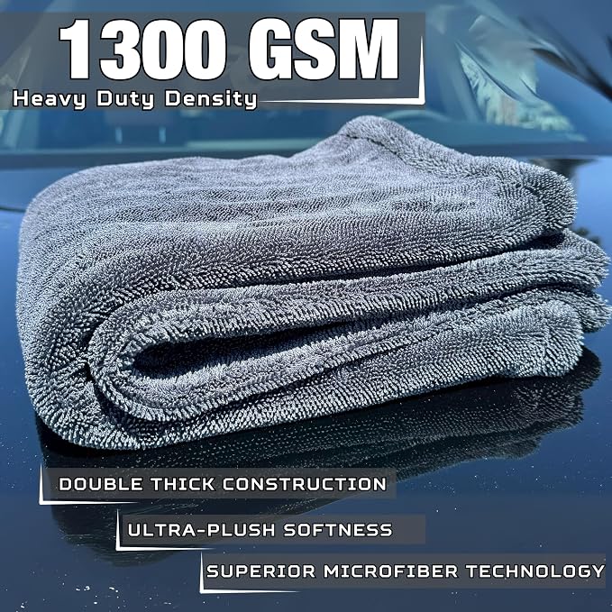 Extra Large Car Drying Towel 40"x24", 1300 GSM Car Towel, Gray | XL Professional Drying Towels Car Detailing with Double Twisted Loop, Super Absorbent Microfiber Drying Towels for Cars