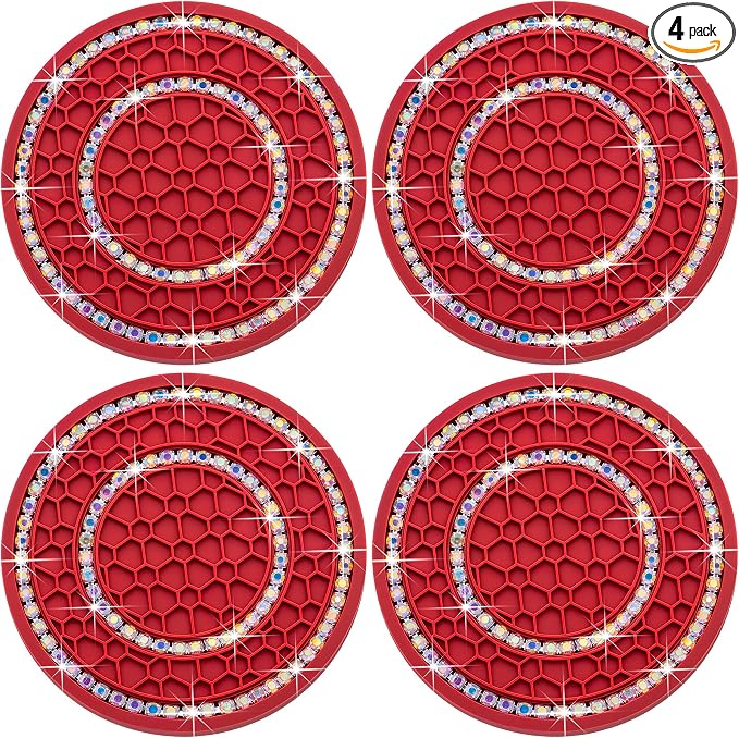 4PCS Bling Crystal Rhinestone Cup Holder Coaster, 2.75 inch Soft Silicone Anti-Slip Shockproof, Car Cup Holder Insert Coasters, Universal Car Interior Accessories for Women (Red & Colorful)