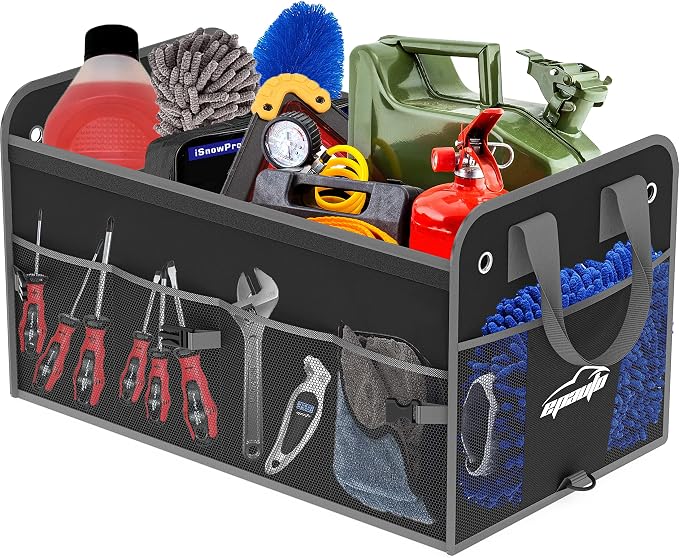 Car Trunk Organizer with Lid & Adjustable Multi Compartment for SUV | with Side Pockets and Securing Straps, Foldable