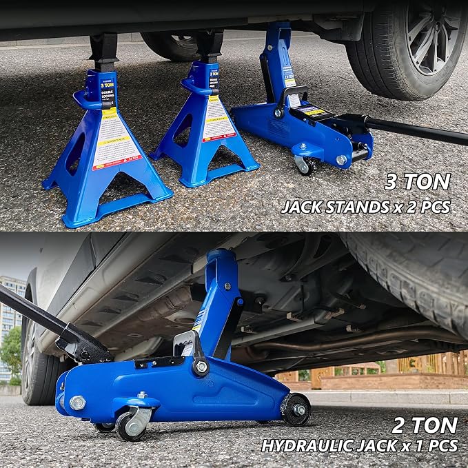 2 Ton Low Profile Floor Jack, 4000 lbs, with Stands, Chock & Gloves – Blue | Steel jack, 5.3"-13" lift. Overload valve, leak-proof. with stands, chock, gloves. For cars, SUVs, DIYers & mechanics.