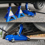 2 Ton Low Profile Floor Jack, 4000 lbs, with Stands, Chock & Gloves – Blue | Steel jack, 5.3"-13" lift. Overload valve, leak-proof. with stands, chock, gloves. For cars, SUVs, DIYers & mechanics.