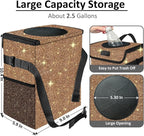 Cute Mini Car Trash Bag with Lid, Glitter Garbage Can Bin Hanging for Back/Front Seat/Console, Waterproof, Leakproof, 2.5 Gallon, Brown Bling Sparkly
