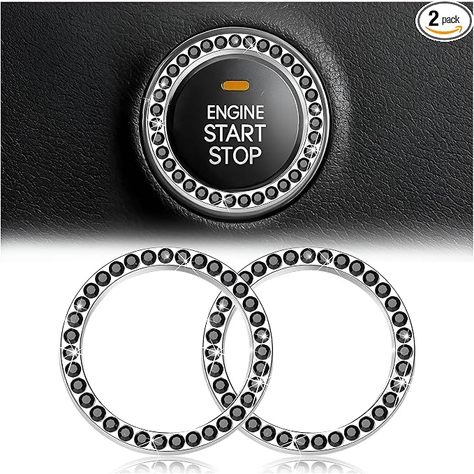 Bling Car Engine Start Ring Decals, 2PCS Crystal Rhinestone Vehicle Push Start Button Cover Sticker, Key Ignition Knob Ring, Sparkling Automotive Interior Accessories (Black)