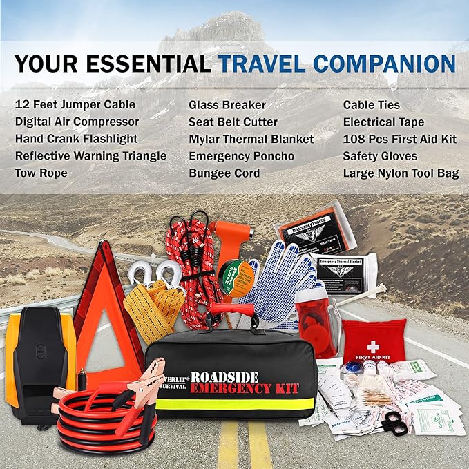 Car Emergency Kit, Roadside Safety Tool Kit with Gloves,Digital Auto Air Compressor Tire Inflator, First Aid Kit, 12 Feet Jumper Cable, Tow Strap, Flashlight for Women, Men, Teenagers