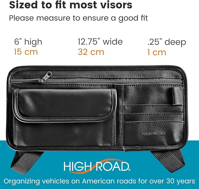 Sun Visor Organizer with Sunglass Holder for Car - Faux Leather Glasses Holder for Car or Truck with Card Pockets and Zippered Compartment for Documents and Receipts