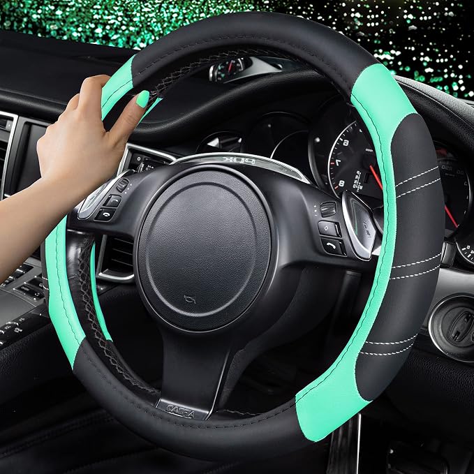 Line Rider Microfiber Leather Sporty Steering Wheel Cover Universal Fits for 95% Truck,SUV,Cars, 14.5-15 inch Anti-Slip Safety Comfortable Design (Black Mint Blue)