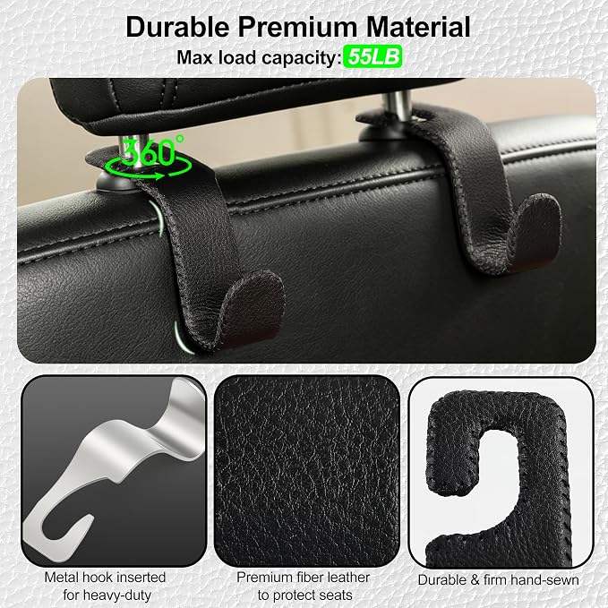 Car Seat Headrest Hook, Universal Vehicle Storage Hanger, Leather with Metal Car Seat Back Organizer for Handbag, Purse, Coat, Ergonomic Design, Black 4 Pack