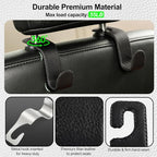 Car Seat Headrest Hook, Universal Vehicle Storage Hanger, Leather with Metal Car Seat Back Organizer for Handbag, Purse, Coat, Ergonomic Design, Black 2 Pack