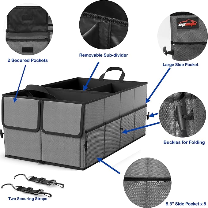 Foldable Car Trunk Organizer for SUV, 3-Compartment, Dark Gray | with Removable Divider, Side Pockets and Securing Straps