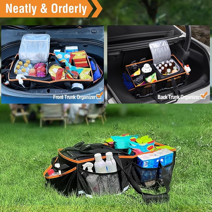 Car Front Trunk Organizer with Cooler Bag Compatible with Tesla Model Y Model 3 2020-2026, Foldable Grocery Frunk Storage Bag Collapsible for Car SUV with Multi Compartment，Black