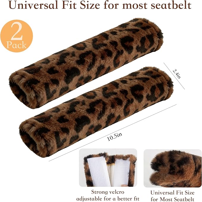 Soft Faux Fur Universal Fit Seatbelt Cover Car Truck SUV Airplane Seat Belt Shoulder Pad for Carmera Backpack Straps Neck Cushion Protector 2 Pack 10.5in Brown Leopard