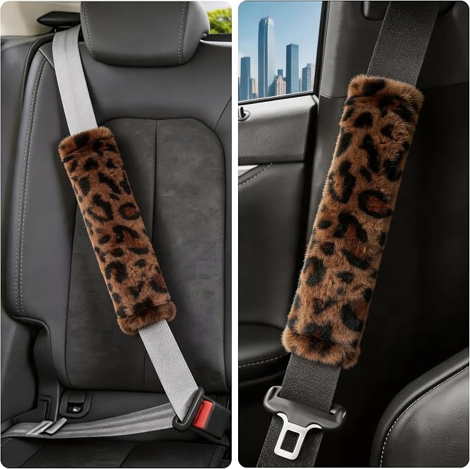 Soft Faux Fur Universal Fit Seatbelt Cover Car Truck SUV Airplane Seat Belt Shoulder Pad for Carmera Backpack Straps Neck Cushion Protector 2 Pack 10.5in Brown Leopard