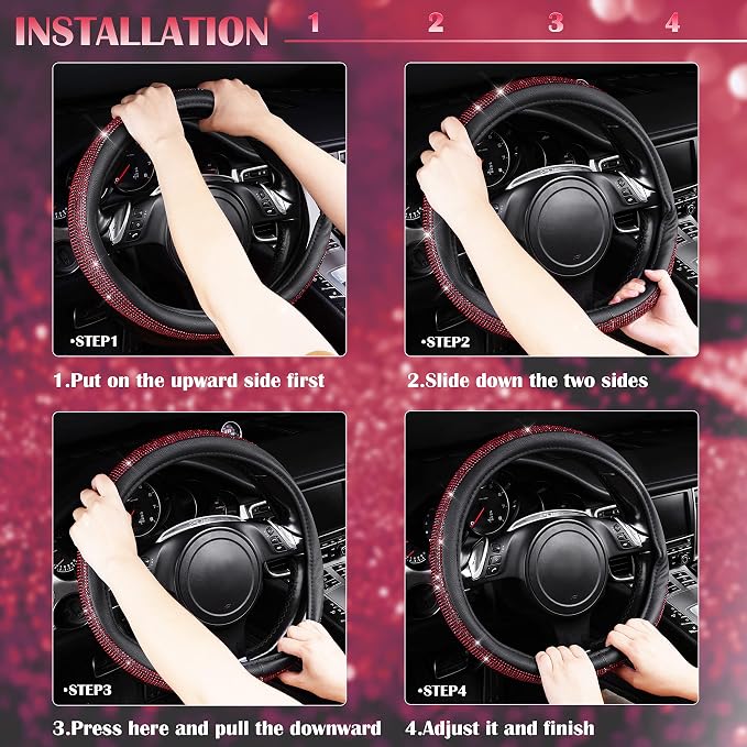 Red Diamond Black Leather Steering Wheel Cover, with Bling Crystal Rhinestones Universal Fit 14" 1/2-15" Crystal Glitter for Women Sparkle Girl Fit Suvs,Vans,Sedans,Cars,Trucks, Red Diamond