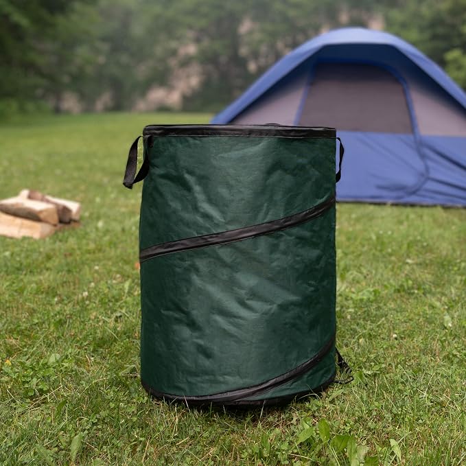 Outdoor Trash Can - 46-Gallon Collapsible Garbage Can with 3 Stakes - Pop Up Trash Bin for Camping, Storage, or Yard Waste Outdoors (Green)