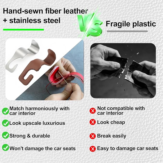 Car Seat Headrest Hook, Universal Vehicle Storage Hanger, Leather with Metal Car Seat Back Organizer for Handbag, Purse, Coat, Ergonomic Design, Brown 2 Pack