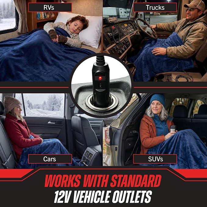 Heated Car Blanket - 12V Electric Travel Blanket for Car, Truck, SUV or RV - Portable Heated Throw for Road Trips, Camping or Winter Emergency Kit for Cold Weather Travel by (Navy)