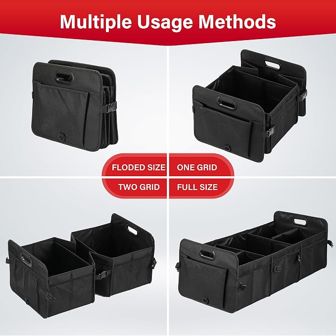 Car Trunk Organizer, Multi Compartments Collapsible Trunk Storage, Anti-slip, Waterproof 600D Oxford Polyester, with Adjustable Straps for SUV, Minivan, Truck, Large Size, Black