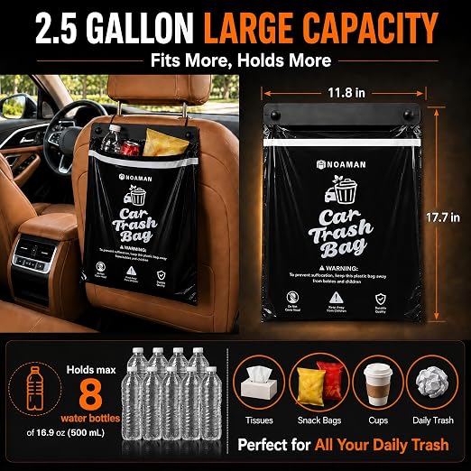 2Pack 50PCS Car Trash Bags, 2.5 Gal Leakproof & Smell Proof. Heavy-Duty Garbage Bags for car, SUV, Truck, RV. Stick-on or Headrest Mount. Alternative to Car Trash Can. Black