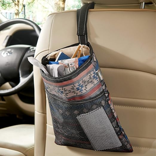 Hanging Car Trash Bag with Waterproof Leakproof Liner, Storage Pocket and Adjustable Strap to Hang in the Front or Back Seat - Southwest
