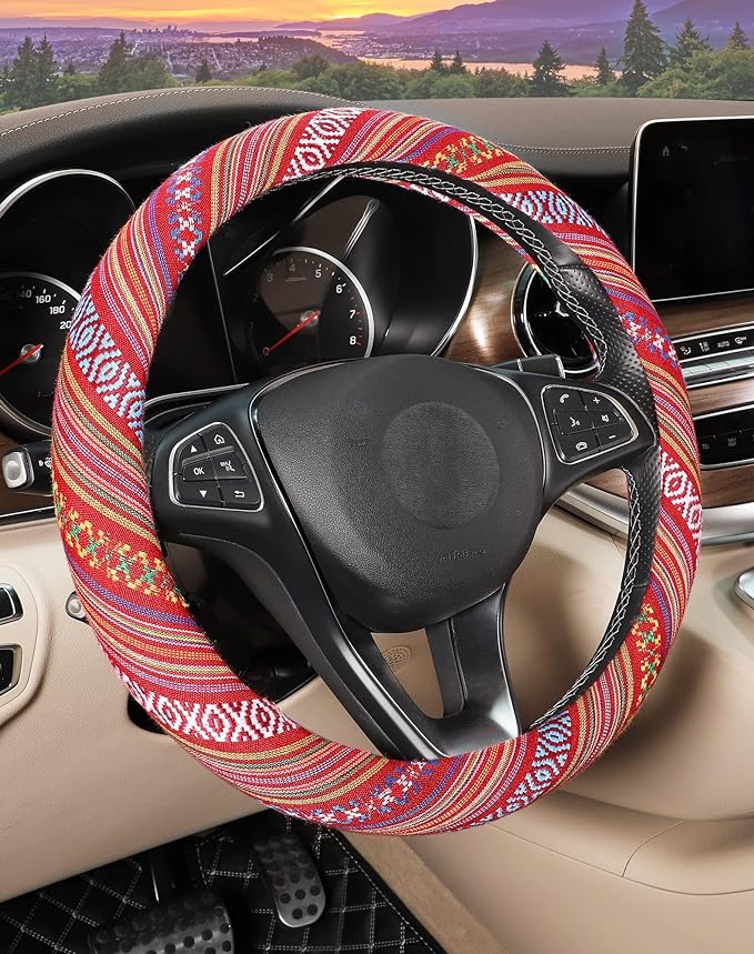 Boho Steering Wheel Cover with Baja Blanket Cloth, Ethnic Style Auto Wheel Cover Made of Coarse Flax, Fits 14 1/2-15 1/4 inches Car Wheel