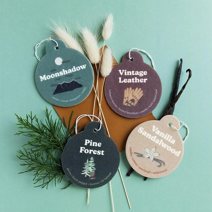 Earthy Mix Car Charms 4-Pack - Includes: Moonshadow, Pine Forest, Vanilla Sandalwood and Vintage Leather