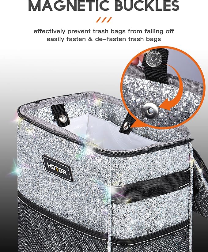 Car Trash Can with Lid and Storage Pockets - 100% Leak-Proof Organizer, Waterproof Garbage Can, Multipurpose Trash Bin for Car, 2 Gallons, Sparkle White