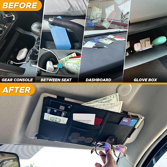 Car Sun Visor Organizer (Black) | Multi-Pocket Net Zipper Case for Cash, Card, Pen & Sunglass | Visor Organizer Storage Pouch | Interior Accessories with Pocket for Car & Truck | Small