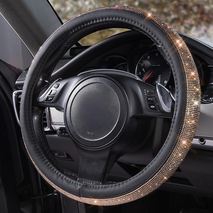 Bling Champagne Diamond Steering Wheel Cover, Black Leather Universal Fit 14.5-15inch Glitter Rhinestones for Women Sparkle Crystal Girly Shining for SUV,Vans,Sedan,Car,Truck, Black Champagne