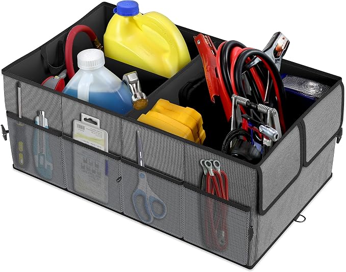 Foldable Car Trunk Organizer for SUV, 3-Compartment, Dark Gray | with Removable Divider, Side Pockets and Securing Straps