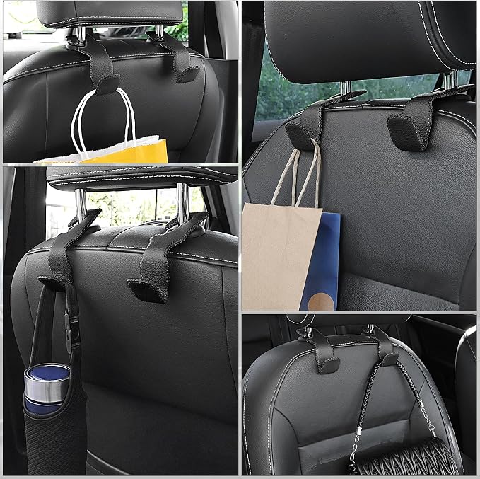 Black Superior Leather Car Seat Back Headrest Hook, Auto Seat Hook Hangers Interior Accessories for Purse Coats Umbrellas Grocery Bags Handbag, 2-Pack