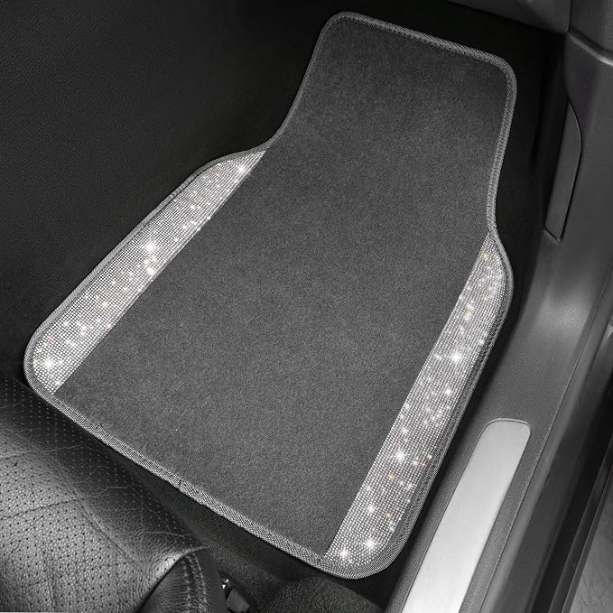 Bling Diamond Car Mats Shining Carpet Crystal Rhinestones Sparkly Glitter Floor Mats with Anti-Slip PVC Heel Pad Universal Fit for Automotive SUV, Sedan, Car, Van, 4pcs for Girl Women, Gray